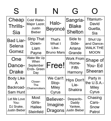Today's Hits Bingo Card