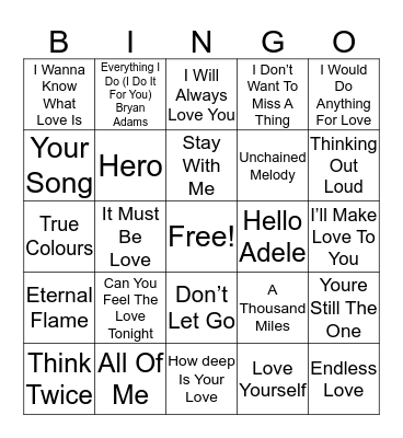 Love Songs Bingo Card