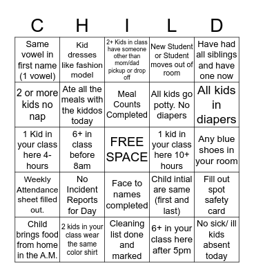 Childfree Day Bingo Game Bingo Card