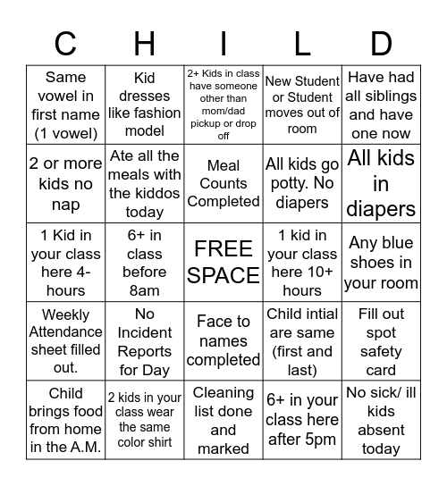 Childfree Day Bingo Game Bingo Card
