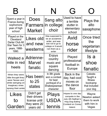 Little Known Fact Bingo Card