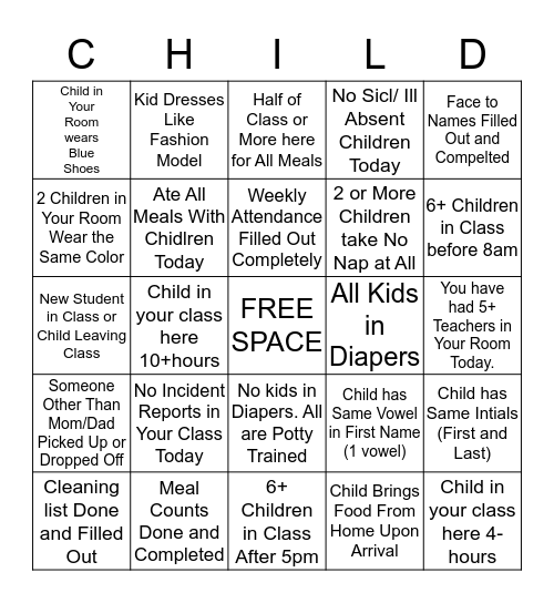 Childfree Day Bingo Game Bingo Card