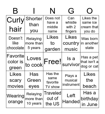 Getting to know you Bingo Card