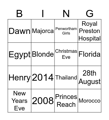 Amy Milly to be Bingo Card