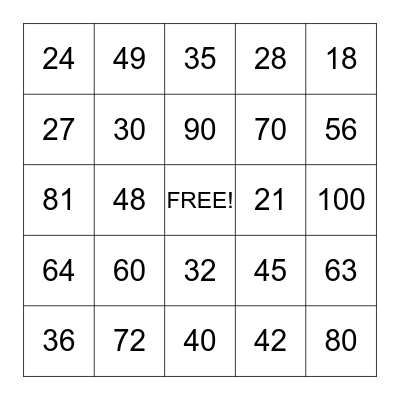 MATH FACTS BINGO Card