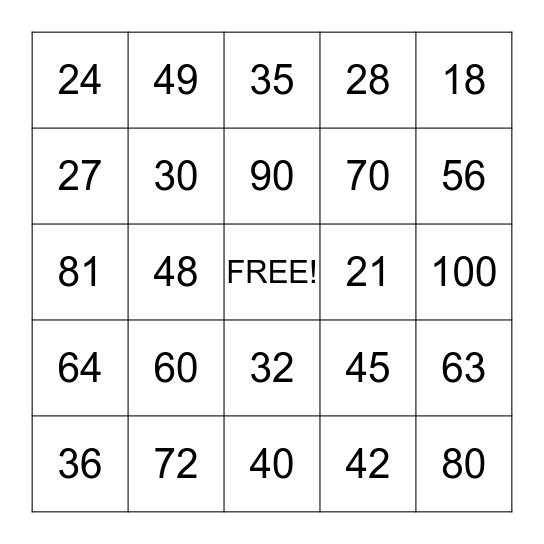 MATH FACTS BINGO Card