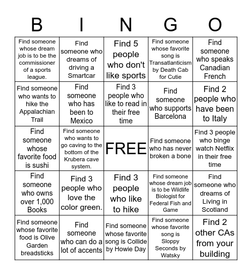 Get to Know me bingo Card