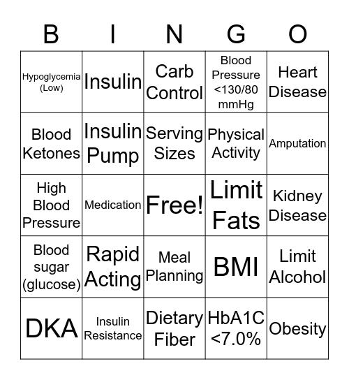 Diabetes Bingo Card