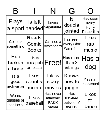 Personality Bingo Card