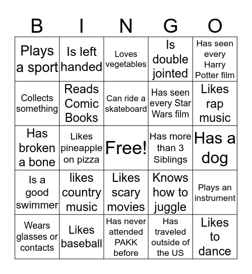 Personality Bingo Card