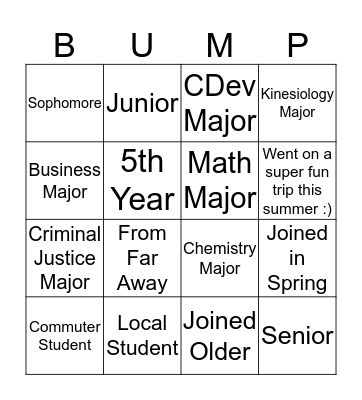 Bump Group Bingo Card