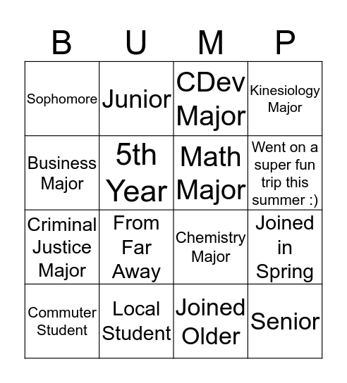 Bump Group Bingo Card