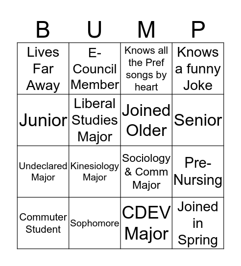 Bump Group Bingo Card