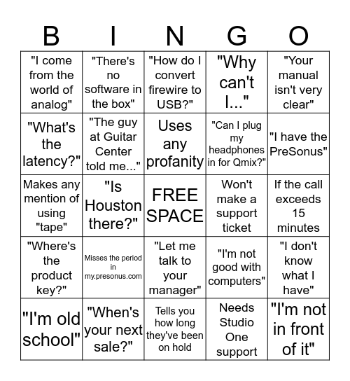 Phone Queue Bingo Card