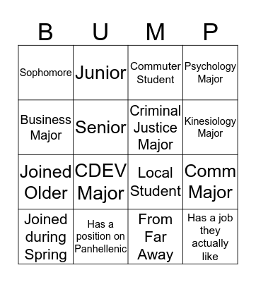 Bump Group Bingo Card
