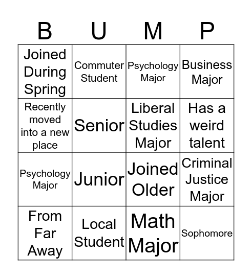 Bump Group Bingo Card