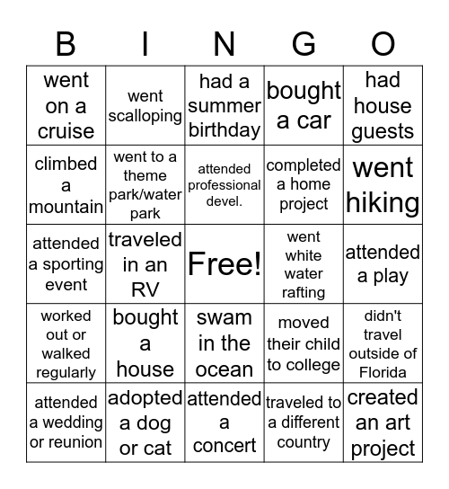 Summer Vacation BINGO-Find Someone Who.... Bingo Card