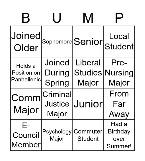 Bump Group Bingo Card