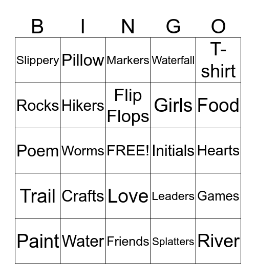 Activity Day Camp Bingo Card