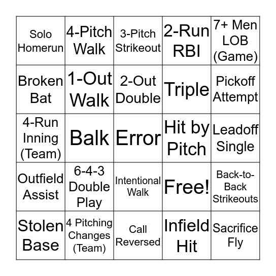 Baseball Bingo Card