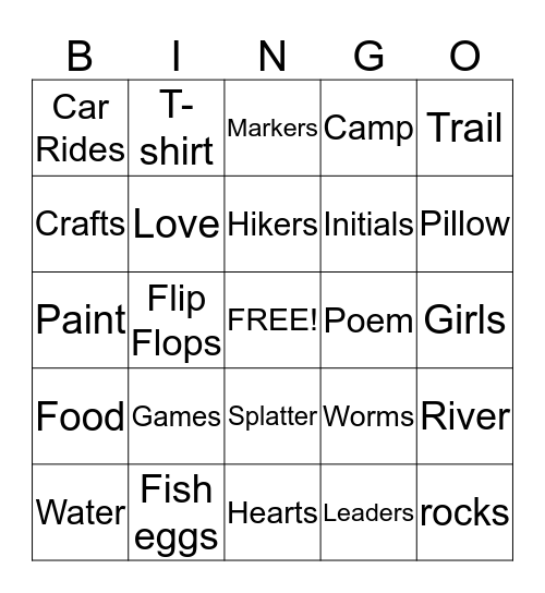 Activity Days Bingo Card