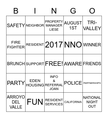 Arroyo Del Valle NNO BINGO Card