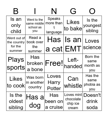 Back to School Bingo Card