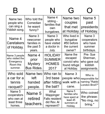 BUNGALOW BINGO 2017 Bingo Card
