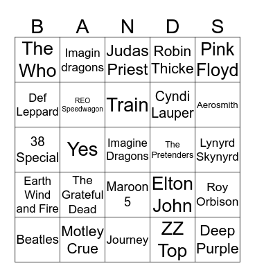 Rock & Roll Bingo Card