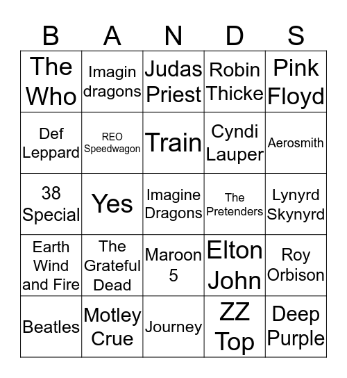 Rock & Roll Bingo Card