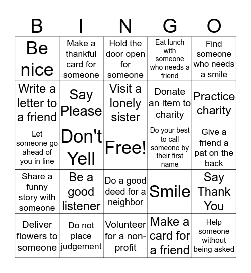 Kindness Bingo Card