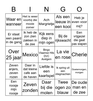Bingo Vlaamse Hits DVC Avelgem Bingo Card