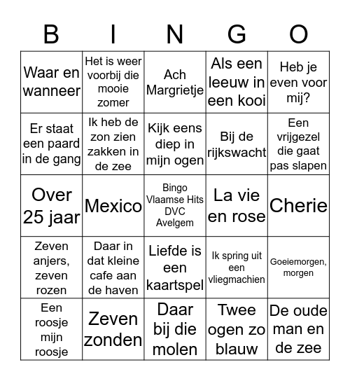 Bingo Vlaamse Hits DVC Avelgem Bingo Card