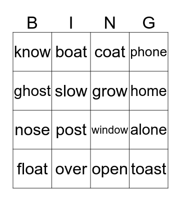 Long o Bingo Card