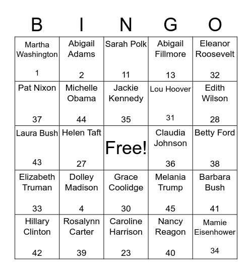 US First Ladies Bingo Card