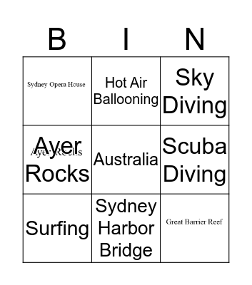 Australia Bingo Card