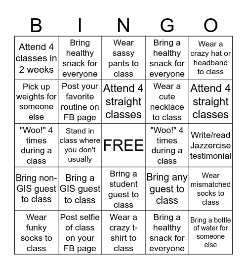 Jazzercise Bingo Card