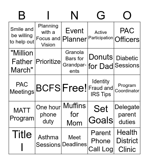 Parent Educator Bingo  Bingo Card