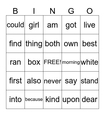 Fry's first 200 Words Bingo Card