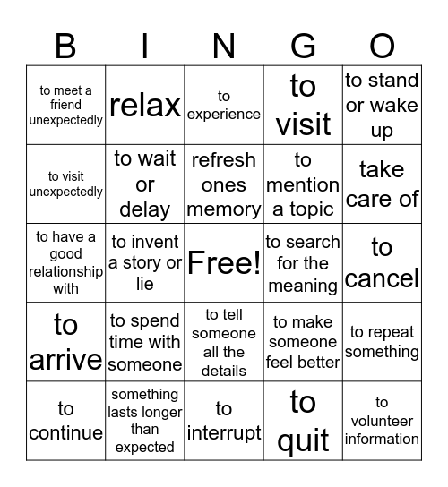 phrasal verbs meaning Bingo Card