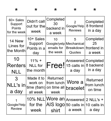 5 In A Row Bingo Card