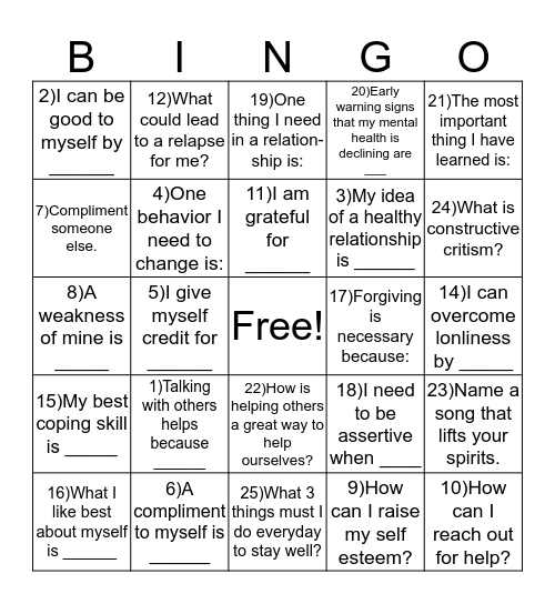 Mental Health Bingo Card