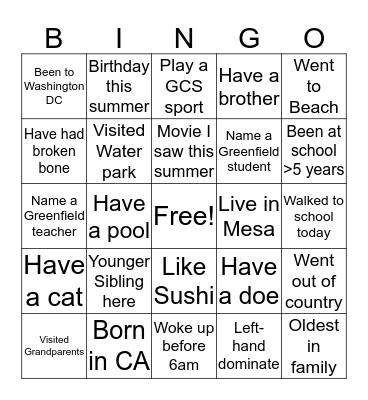 History Bingo-First Day of School Bingo Card