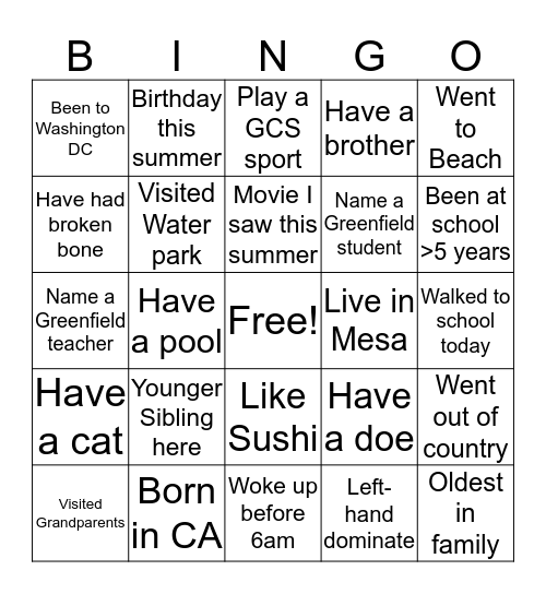 History Bingo-First Day of School Bingo Card