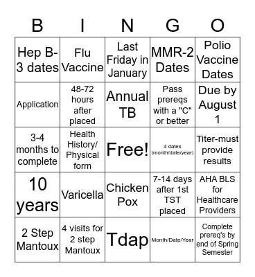 Nursing Requirements Bingo Card