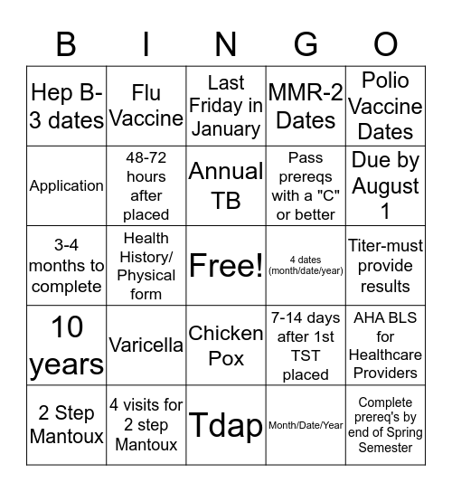 Nursing Requirements Bingo Card