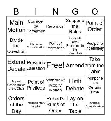 Minute's BINGO Card