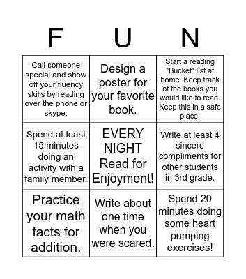 Weekly 3rd Grade Bingo Card