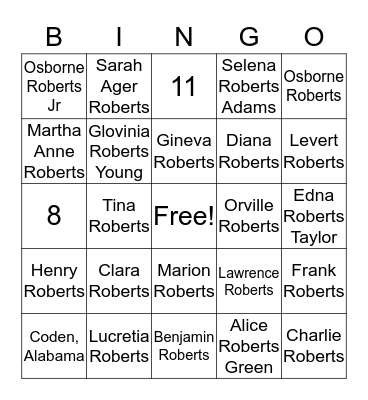 Roberts Family Reunion Bingo Card