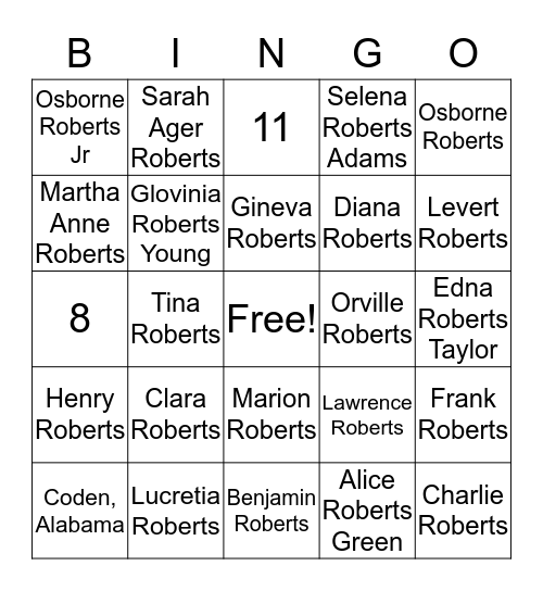 Roberts Family Reunion Bingo Card